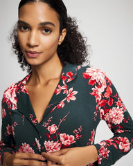 Soma / Cool Nights Long Sleeve Notch Collar with Piped Placket Pajama Top COTTAGE FLORAL GREEN