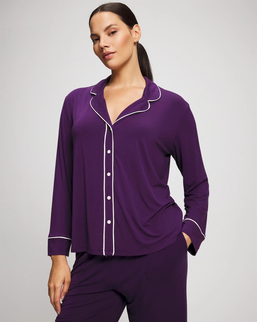 Soma / Long Sleeve Notch Collar w/ Piped Placket Pajama Top BLACKBERRY