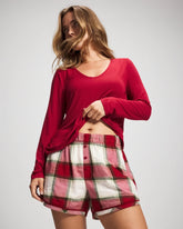 Soma / Velvet Piped Boxer Pajama Short WINTER PLAID RED