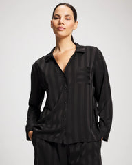 Soma / Shadow Stripe Long Sleeve Pajama Notch Collar Top BLACK