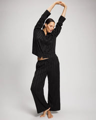 Soma / Shadow Stripe Long Sleeve Pajama Notch Collar Top BLACK