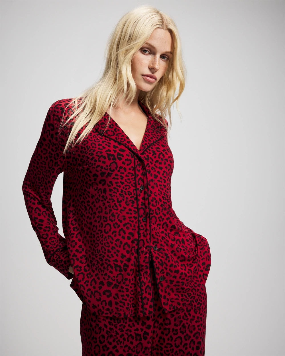 Soma / Cool Nights Long Sleeve Notch Collar with Piped Placket Pajama Top FELINE PAINT THE TOWN RED