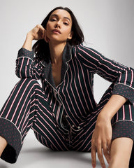 Soma / Cool Nights Long Sleeve Notch Collar with Piped Placket Pajama Top MIDNIGHT STRIPE GREEN JOL