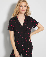 Soma / Short Sleeve Notch Collar Pajama Top FLOATING HEARTS BLACK RED