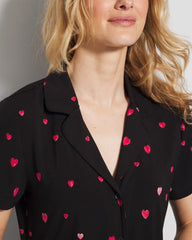Soma / Short Sleeve Notch Collar Pajama Top FLOATING HEARTS BLACK RED