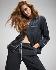 Soma / Shadow Stripe Long Sleeve Pajama Notch Collar Top PETROL