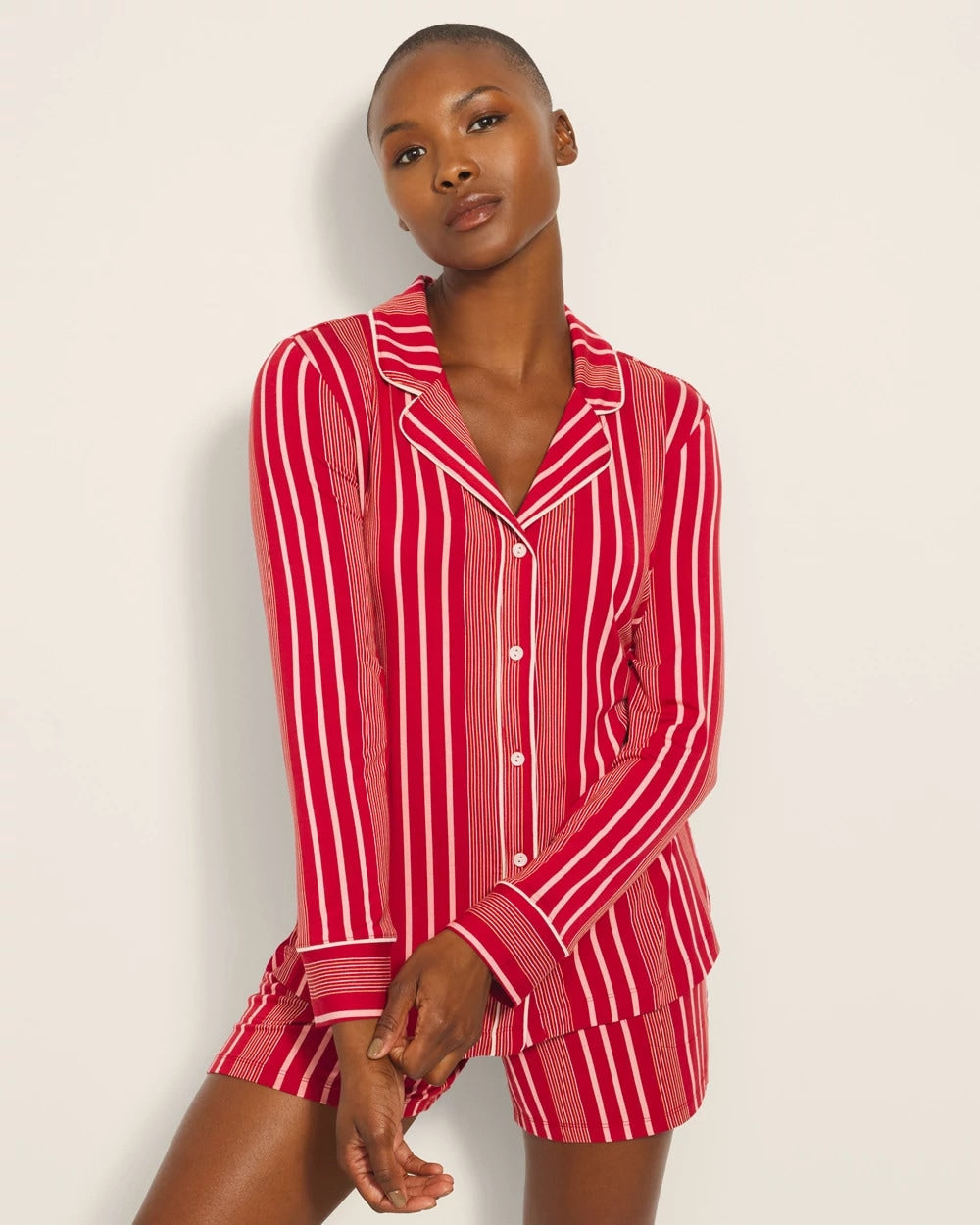 Soma / Long-Sleeve Printed Notch Collar Pajama Top ASPEN STRIPE RED