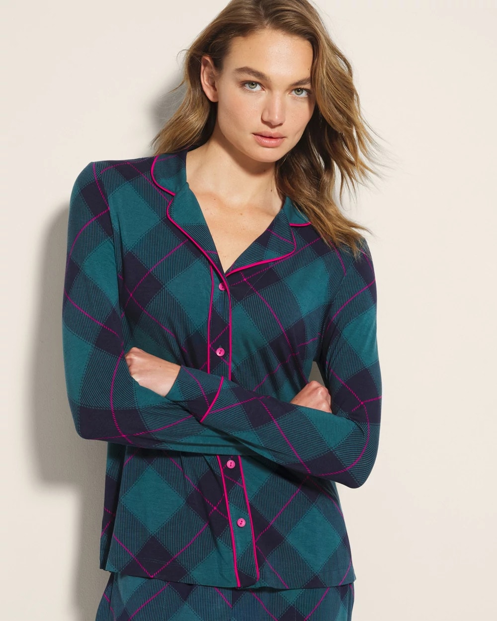 Soma / Long-Sleeve Printed Notch Collar Pajama Top BUNDLE UP PLAID BIAS TEAL