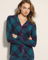 Soma / Long-Sleeve Printed Notch Collar Pajama Top BUNDLE UP PLAID BIAS TEAL