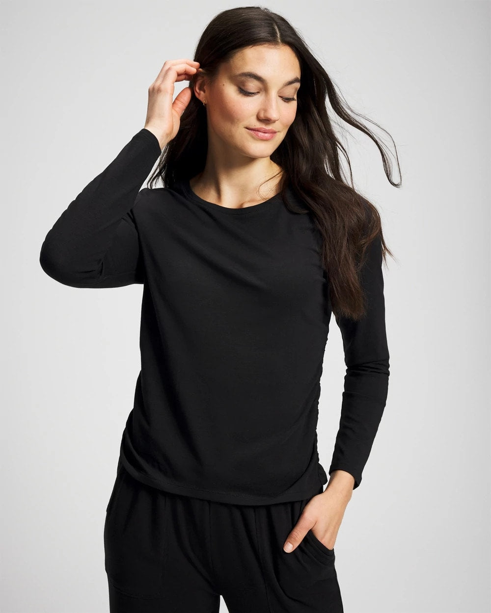Soma / Ruched Long Sleeve Pajama Tee BLACK