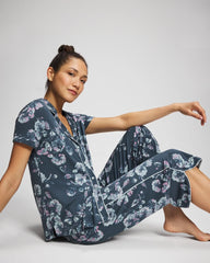 Soma / Piped Short Sleeve Notch Collar Pajama Top FLORA SHIMMER PETROL
