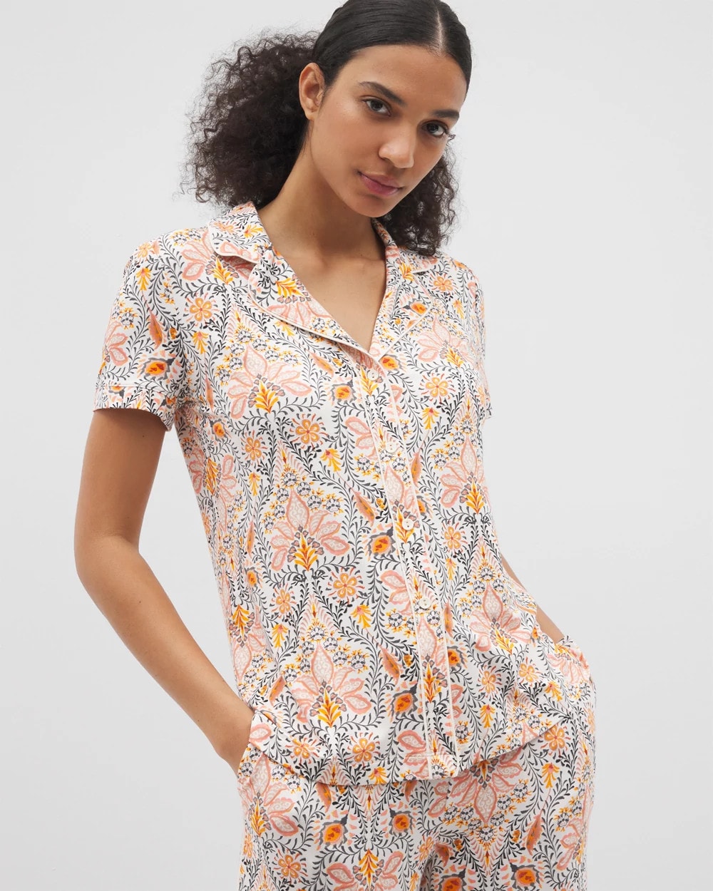 Soma / Piped Short Sleeve Notch Collar Pajama Top VINE PAISLEY CHAMPAGNE M