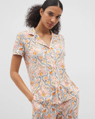 Soma / Piped Short Sleeve Notch Collar Pajama Top VINE PAISLEY CHAMPAGNE M