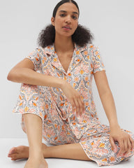 Soma / Piped Short Sleeve Notch Collar Pajama Top VINE PAISLEY CHAMPAGNE M