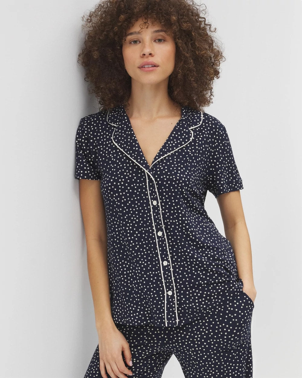 Soma / Piped Short Sleeve Notch Collar Pajama Top DOT OBSESSED NAVY