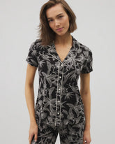 Soma / Piped Short Sleeve Notch Collar Pajama Top PLUMERIA BLOOMS BLK CH