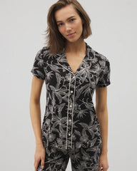 Soma / Piped Short Sleeve Notch Collar Pajama Top PLUMERIA BLOOMS BLK CH