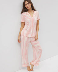 Soma / Piped Short Sleeve Notch Collar Pajama Top SUNNY STRIPES CHAMPAGNE