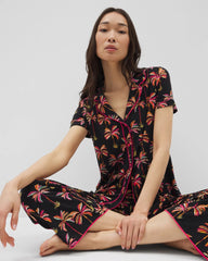 Soma / Piped Short Sleeve Notch Collar Pajama Top SHAKE YOUR PALM PALMS BLK