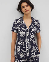 Soma / Piped Short Sleeve Notch Collar Pajama Top PLUMERIA DREAM NAVY