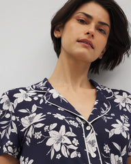 Soma / Piped Short Sleeve Notch Collar Pajama Top PLUMERIA DREAM NAVY