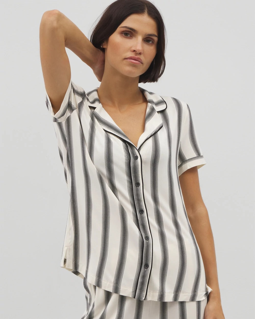 Soma / Piped Short Sleeve Notch Collar Pajama Top HAMPTON STRIPE BLACK