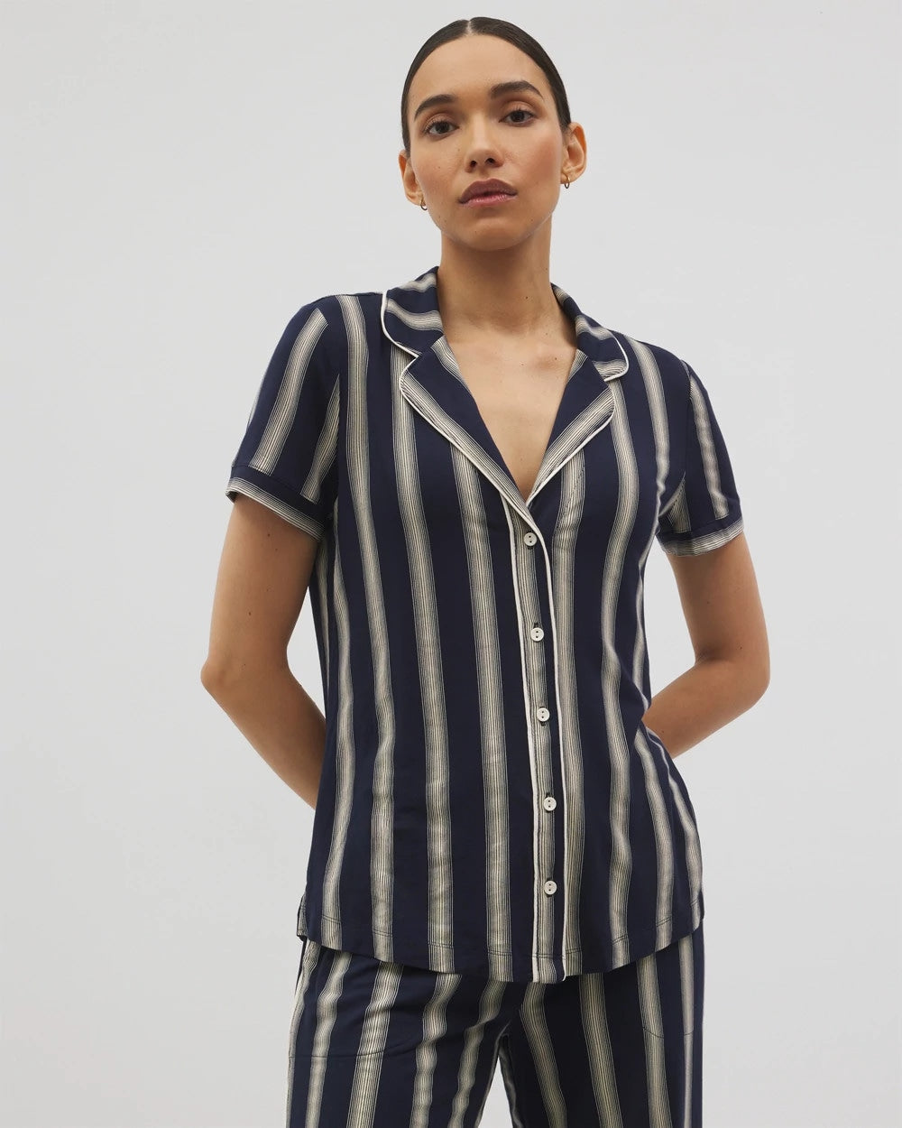 Soma / Piped Short Sleeve Notch Collar Pajama Top HAMPTON STRIPE NA CHAMP