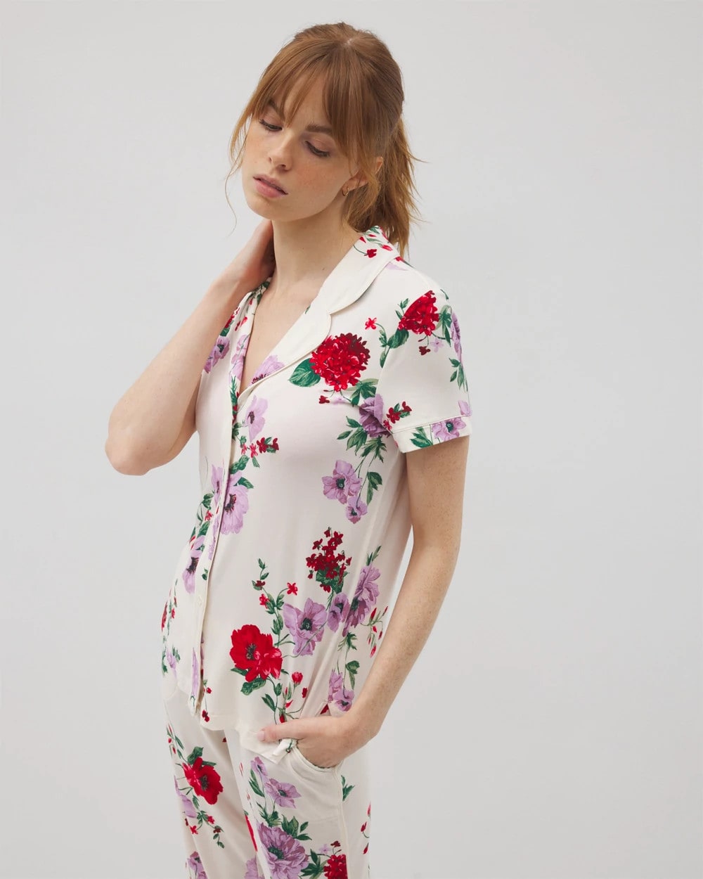 Soma / Piped Short Sleeve Notch Collar Pajama Top RHAPSODY FLORAL SUGAR