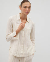 Soma / Cotton Gauze Long Sleeve Notch Collar Pajama Top CHAMPAGNE STRIPE