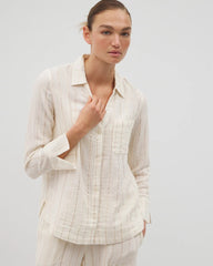 Soma / Cotton Gauze Long Sleeve Notch Collar Pajama Top CHAMPAGNE STRIPE