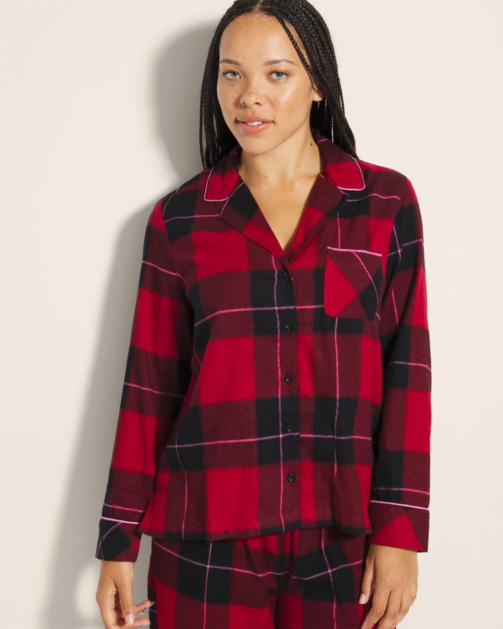 Soma / Super Soft Long-Sleeve Notch Collar Pajama Top WRAPPED UP PLAID RED