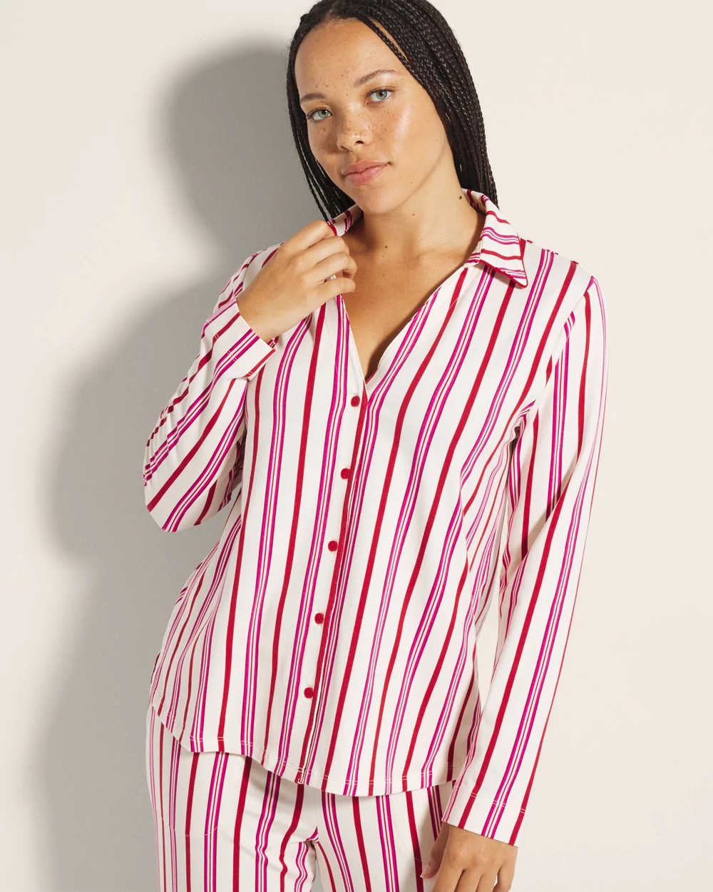 Soma / Long-Sleeve Notch Collar Pajama Top SMART STRIPE CHAMPAGNE