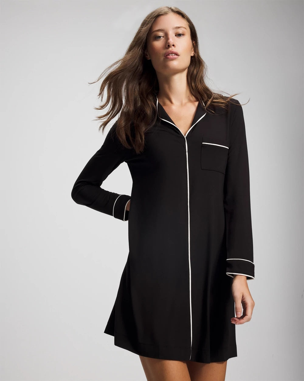 Soma / Piped Long-Sleeve Sleepshirt BLACK