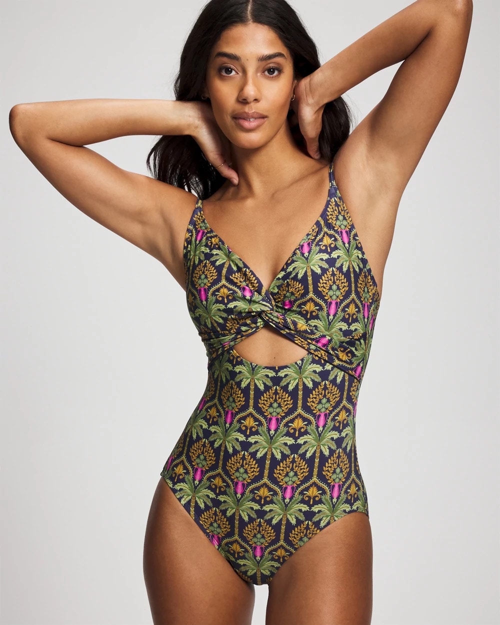 Soma / Twist-Front Keyhole One Piece PALMY PATTERNS NAVY