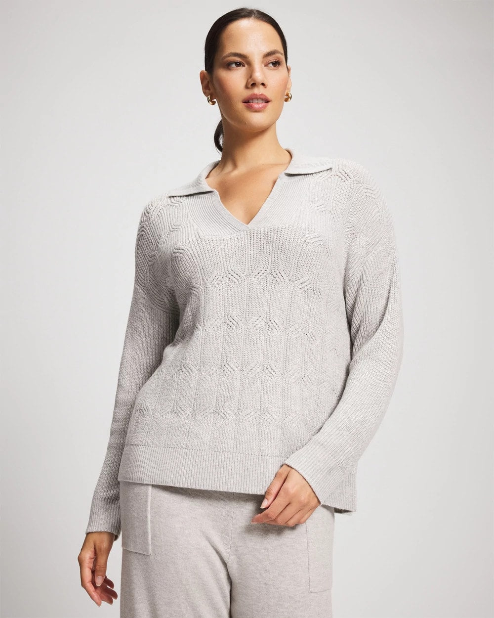 Soma / Premier Knit Cable Knit Collared Sweater HEATHER STONE