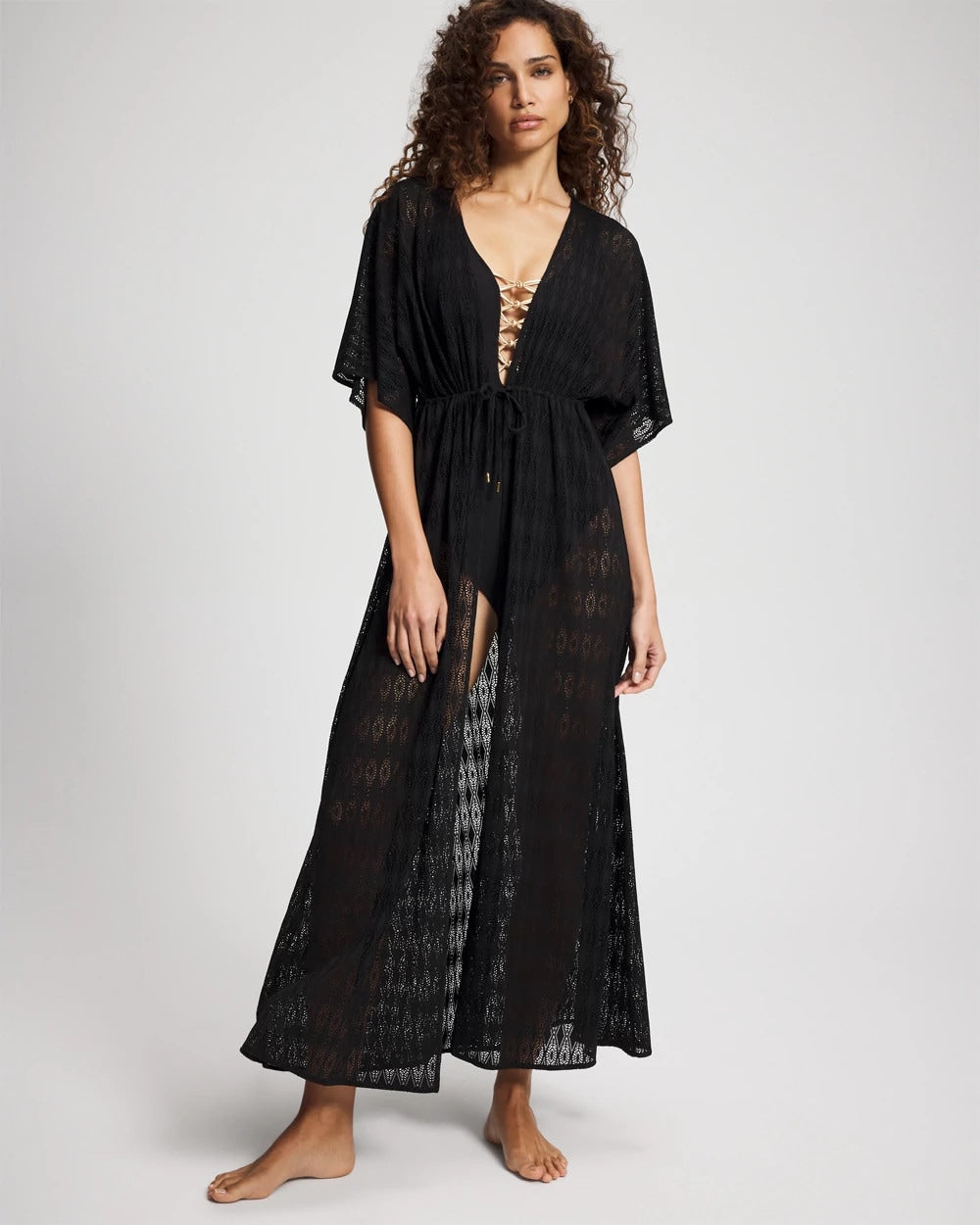 Soma / Sunkissed Crochet Open-Front Caftan BLACK