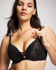 Soma / Push-up Plunge Bra with Lace BLACK W/ GOLD FILL
