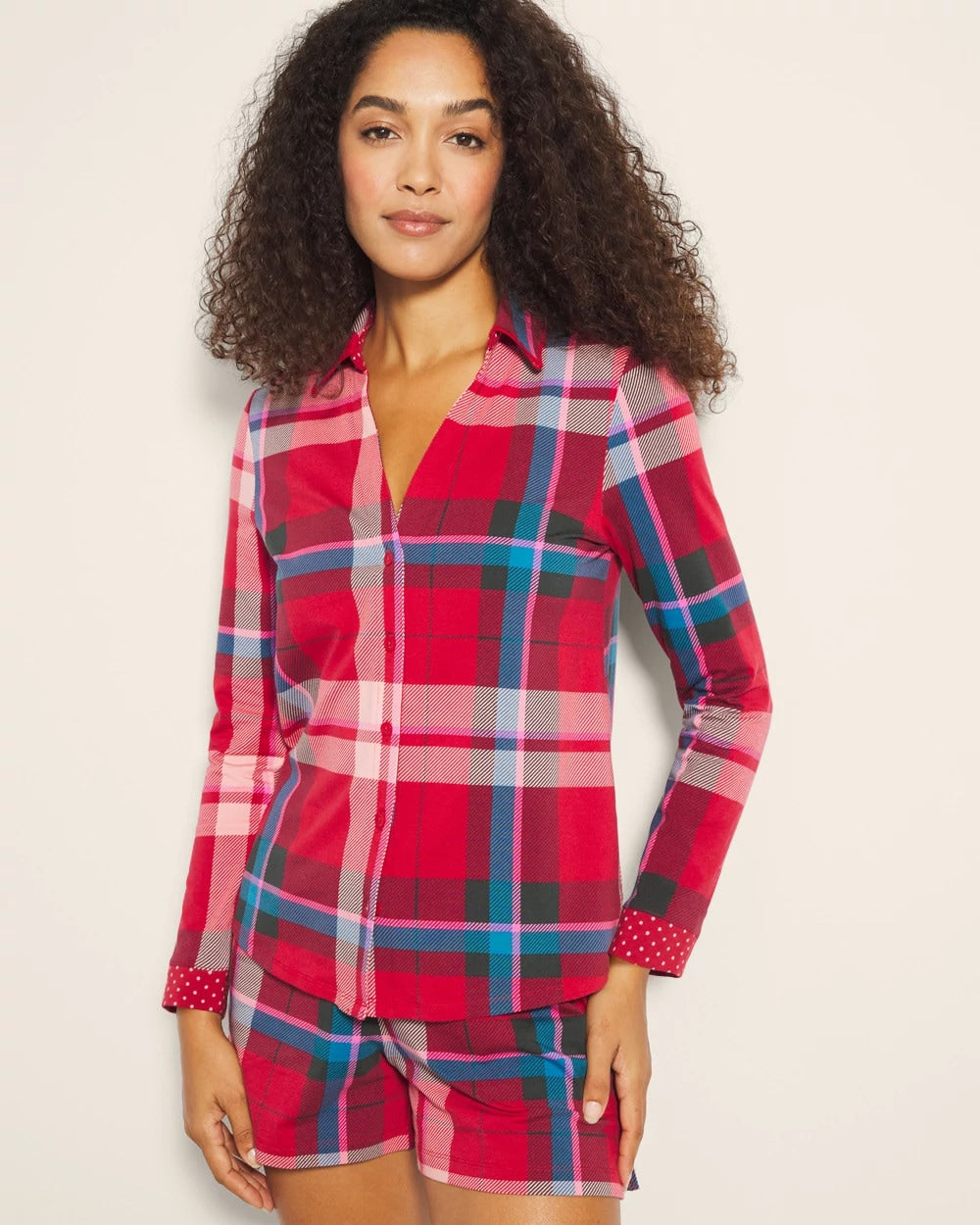 Soma / Long-Sleeve Notch Collar Pajama Top SNUGGLE UP PLAID RED