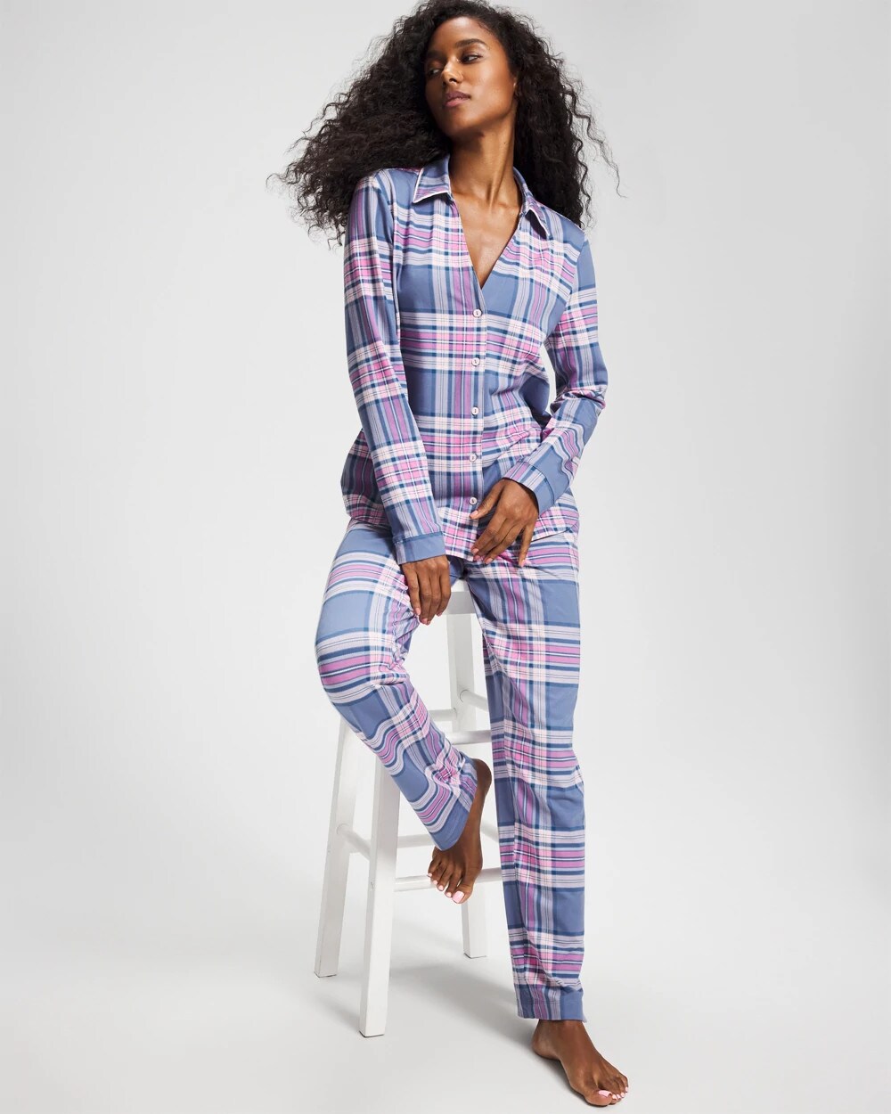 Soma / Long-Sleeve Notch Collar Pajama Top PRETTY PLAID SUNDOWN
