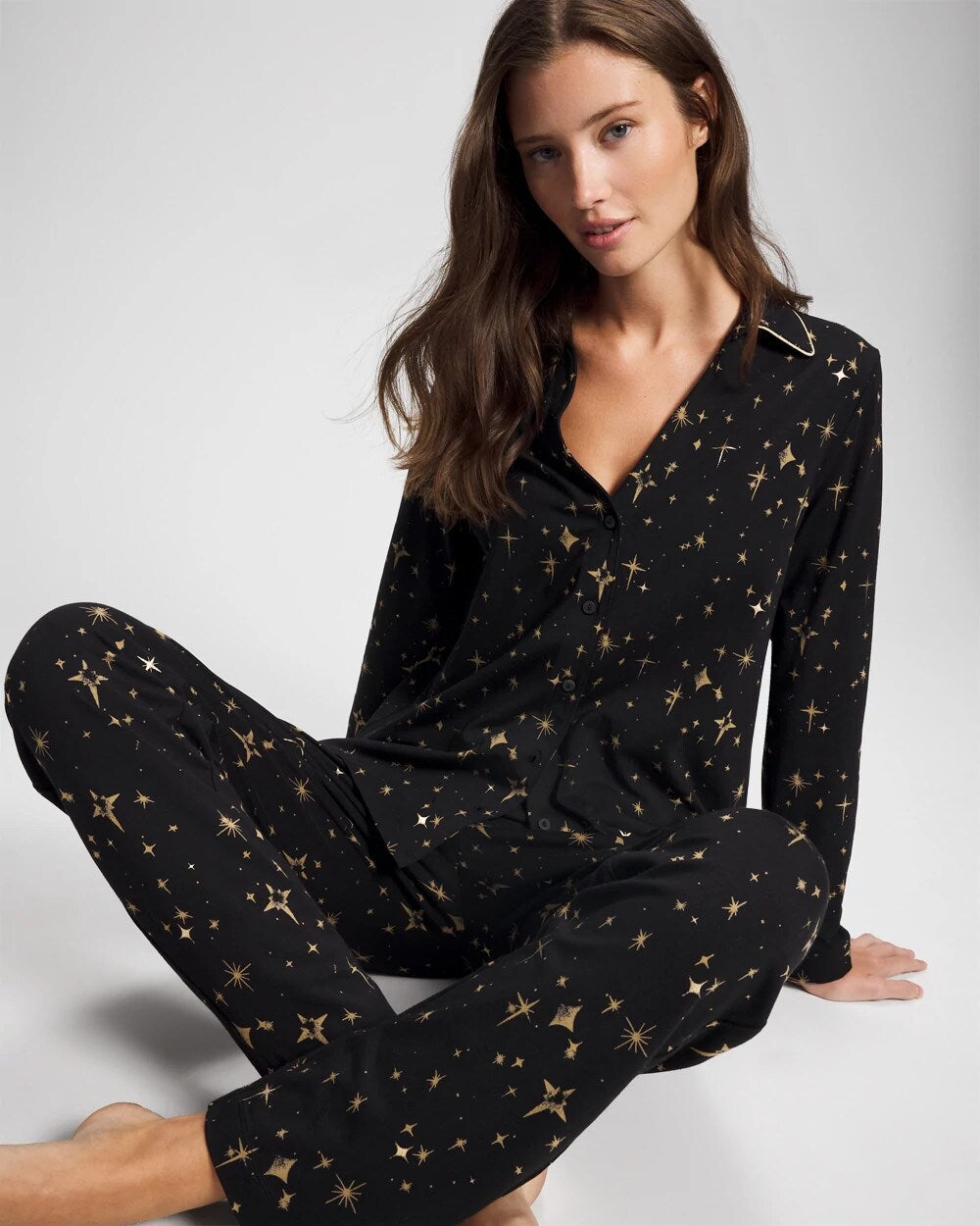 Soma / Long-Sleeve Notch Collar Pajama Top STELLAR SCENE BLACK/FOIL