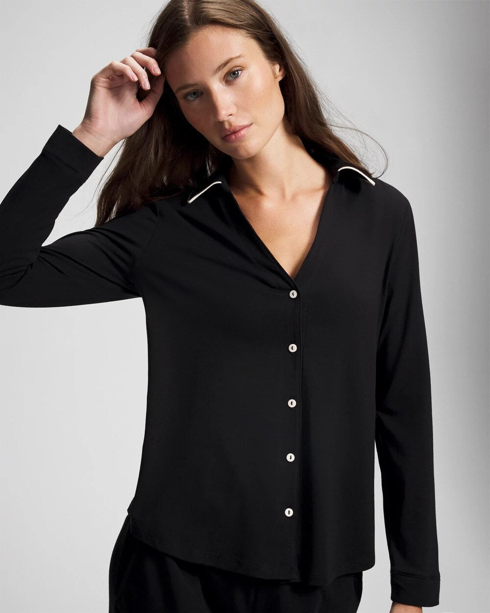 Soma / Long-Sleeve Notch Collar Pajama Top BLACK