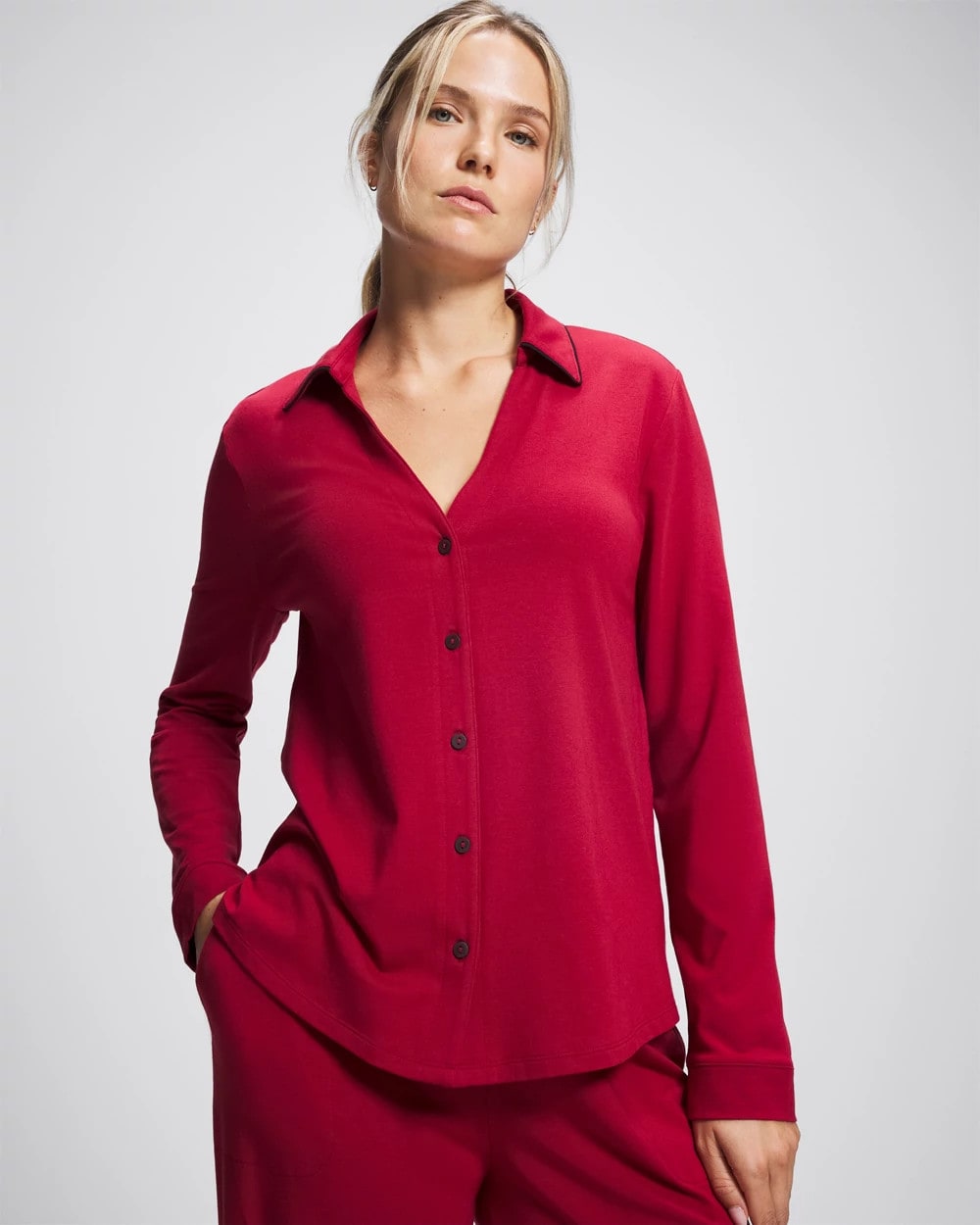 Soma / Long-Sleeve Notch Collar Pajama Top PAINT THE TOWN RED