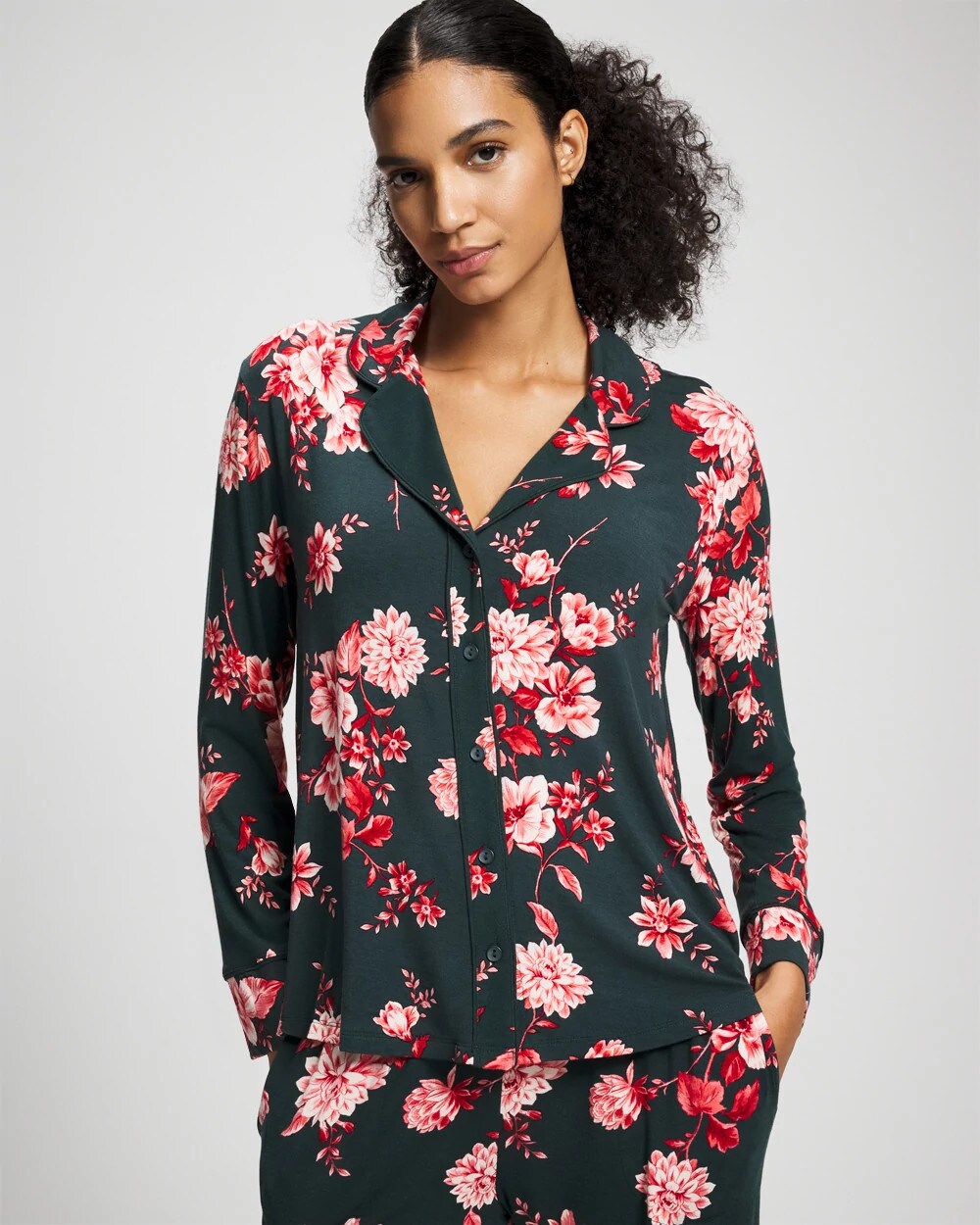 Soma / Cool Nights Long Sleeve Notch Collar with Piped Placket Pajama Top COTTAGE FLORAL GREEN