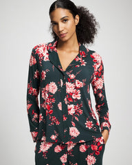 Soma / Cool Nights Long Sleeve Notch Collar with Piped Placket Pajama Top COTTAGE FLORAL GREEN