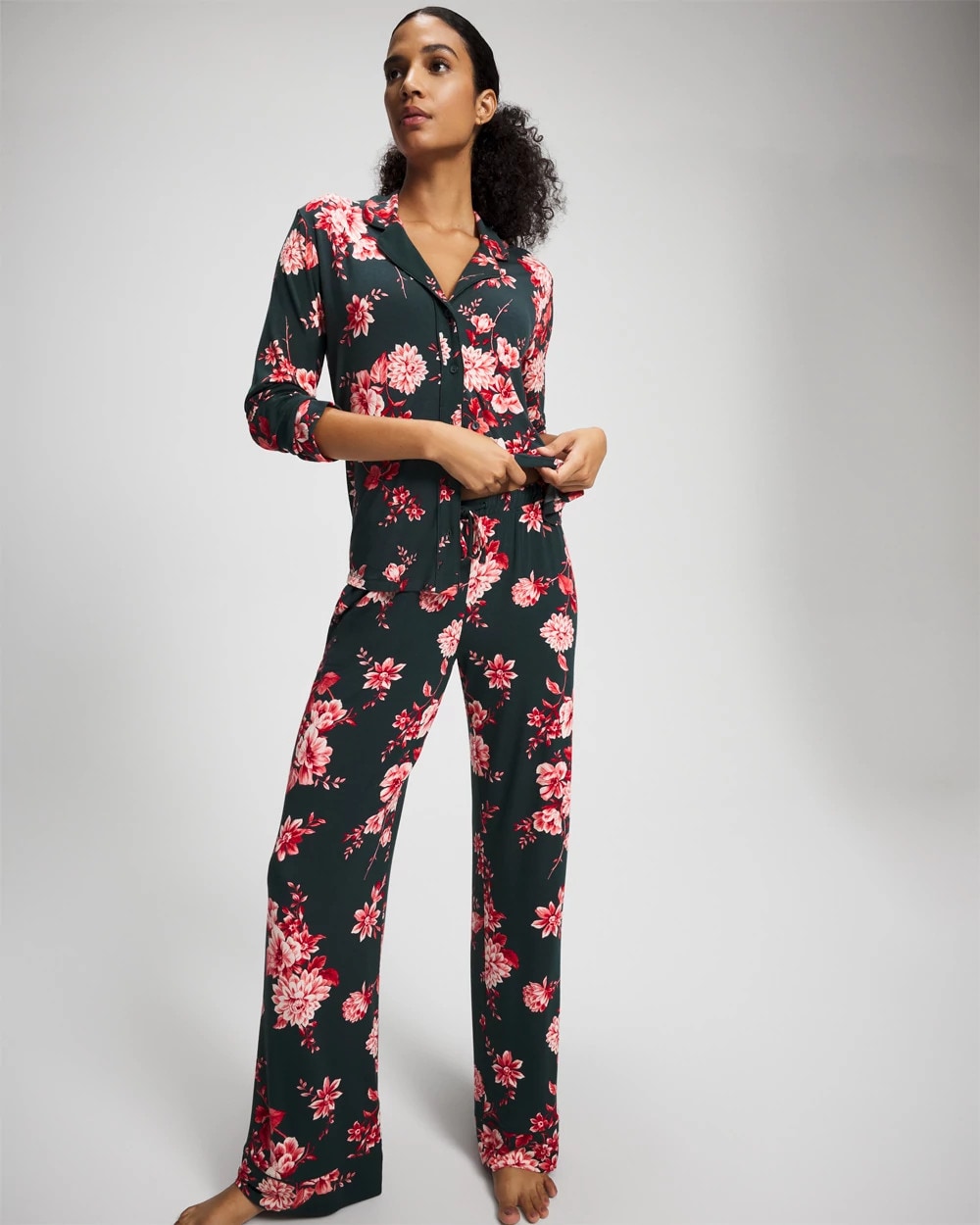 Soma / Cool Nights Long Sleeve Notch Collar with Piped Placket Pajama Top COTTAGE FLORAL GREEN