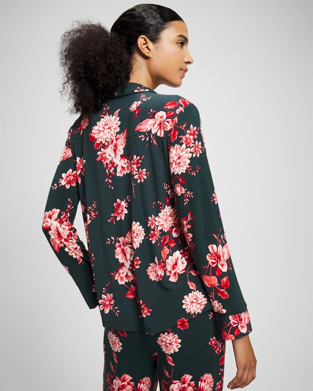 Soma / Cool Nights Long Sleeve Notch Collar with Piped Placket Pajama Top COTTAGE FLORAL GREEN