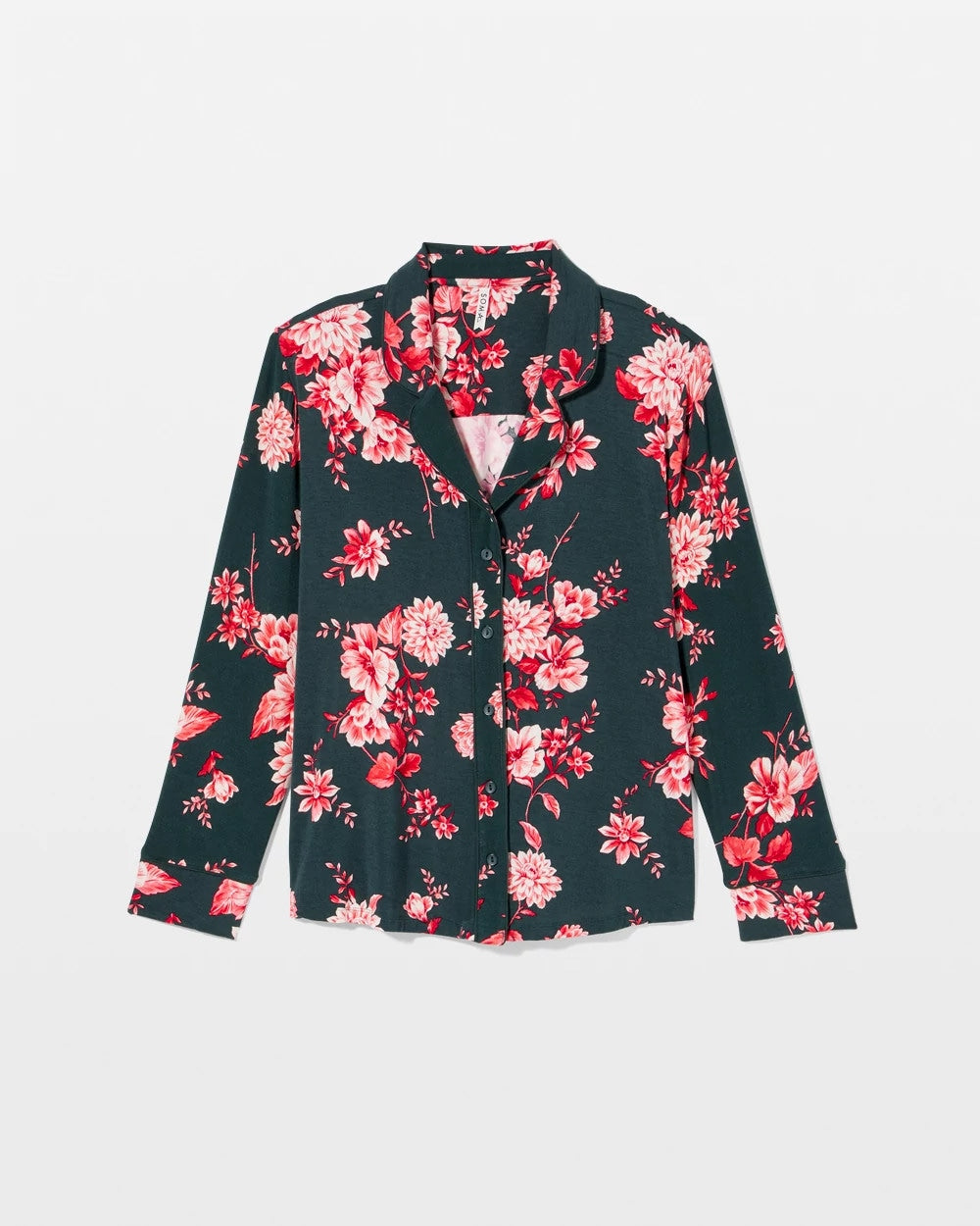 Soma / Cool Nights Long Sleeve Notch Collar with Piped Placket Pajama Top COTTAGE FLORAL GREEN