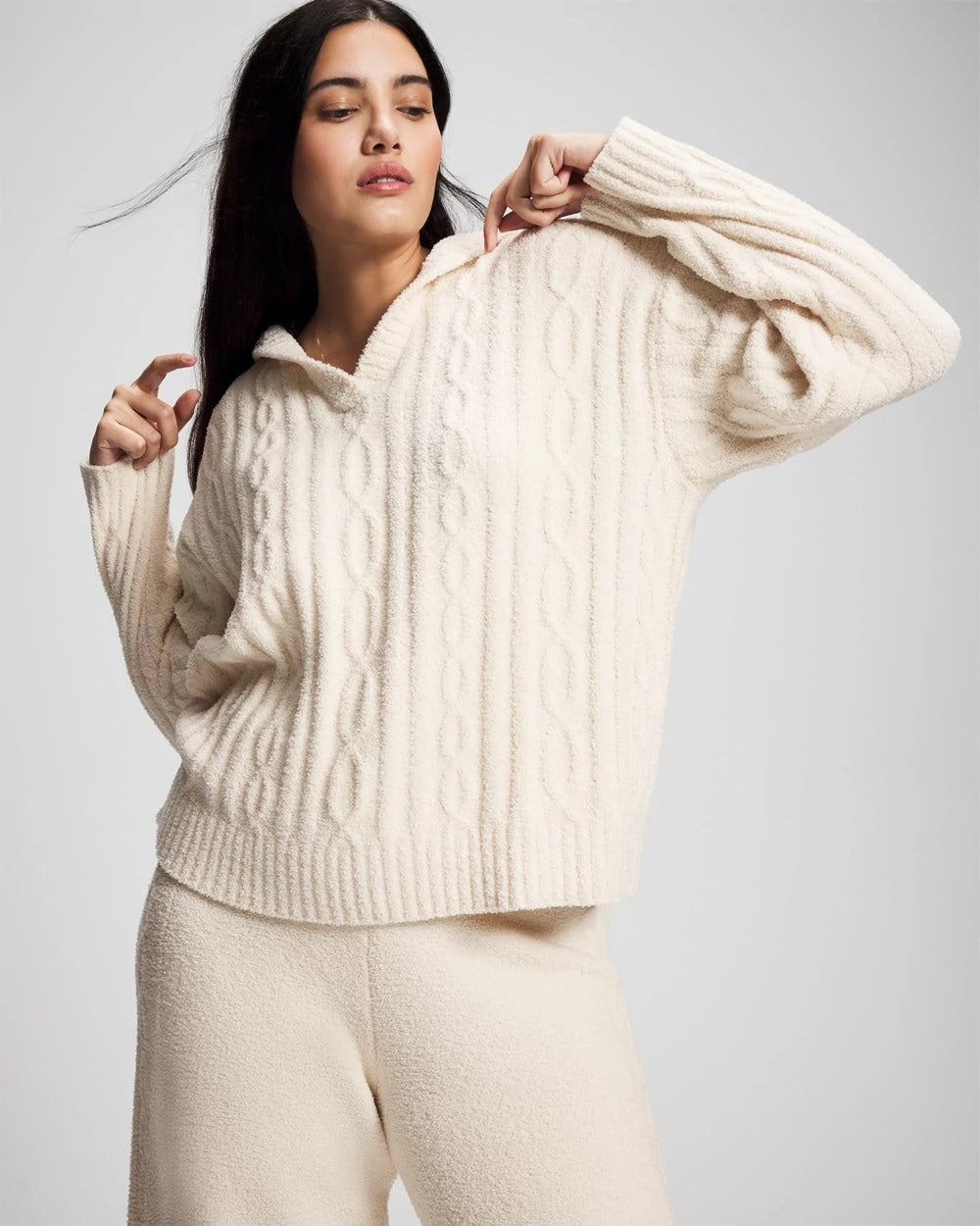 Soma / Cable Knit Plush Hoodie PARCHMENT