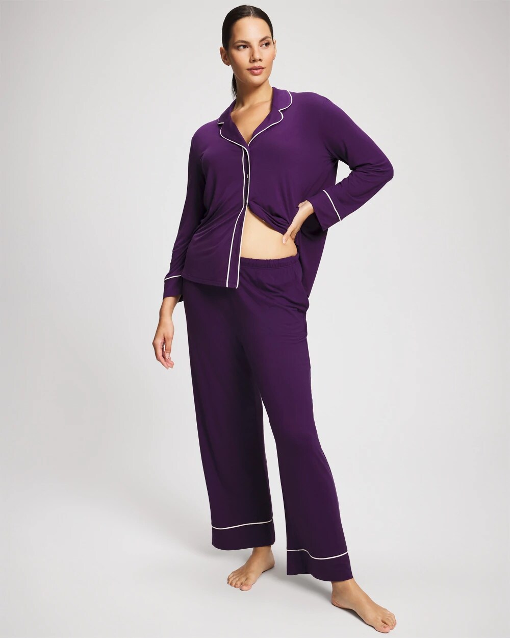 Soma / Long Sleeve Notch Collar w/ Piped Placket Pajama Top BLACKBERRY
