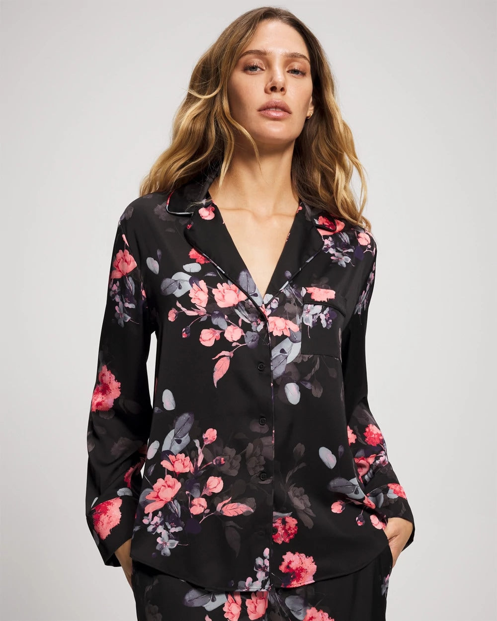 Soma / Long Sleeve Notch Collar Pajama Top FLORAL DREAMS GRAND BLACK
